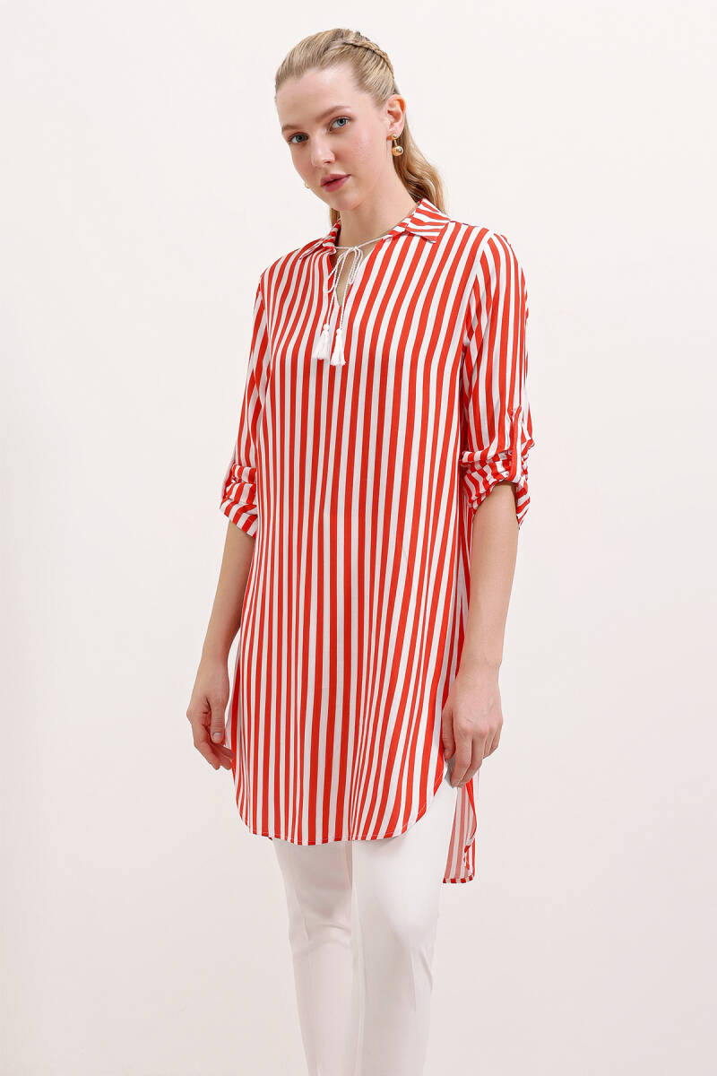 5613 Yaka Bağcıklı Çizgili Tunik - Nar - BİGDART