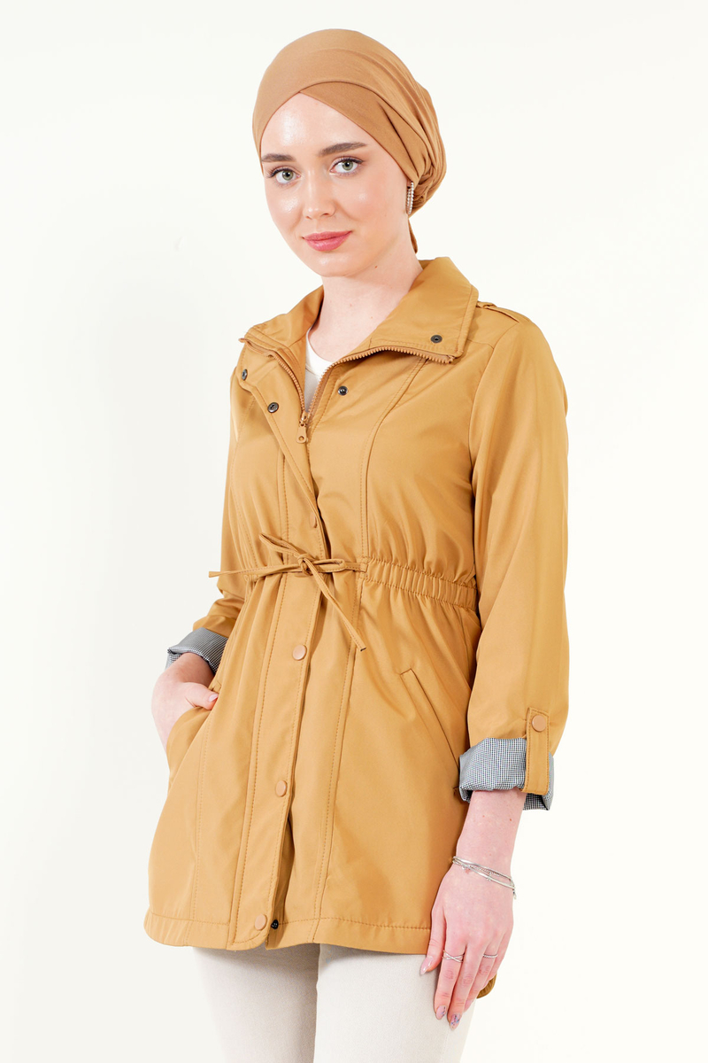 5669 Belden Lastikli Trenchcoat - Camel - BİGDART