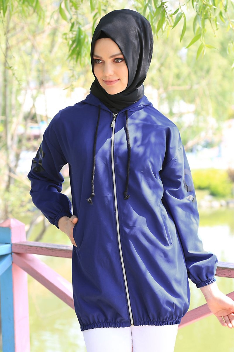 5670 KAPŞONLU 95 BASKILI TESETTÜR CEKET - İndigo - BİGDART