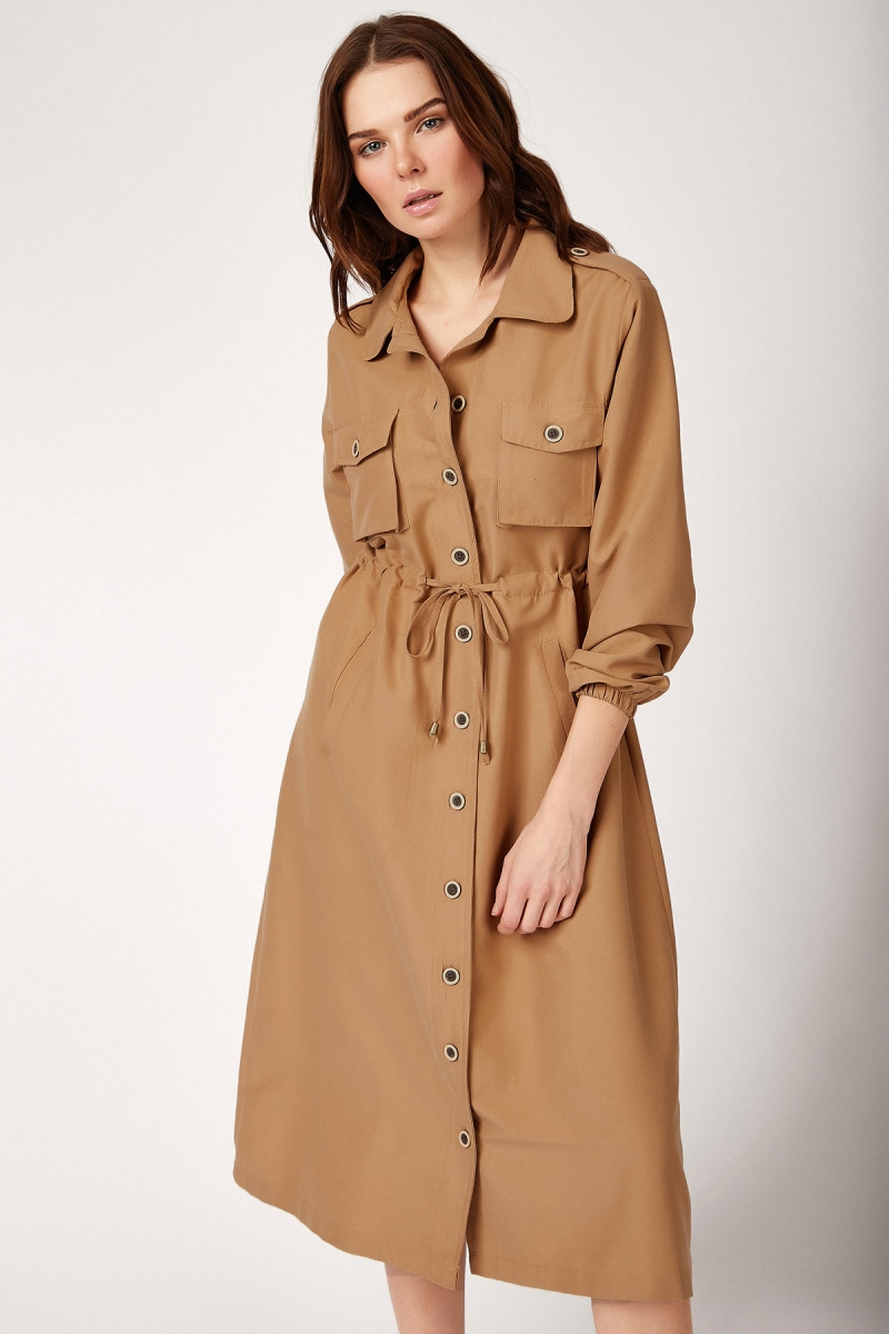 5671 ÖNÜ BOYDAN DÜĞMELİ TESETTÜR TRENHCOAT - Bisküvi - BİGDART