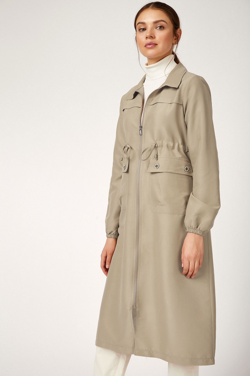 5677 ÖNÜ BOYDAN FERMUARLI TESETTÜR TRENCHCOAT - A.Haki - BİGDART