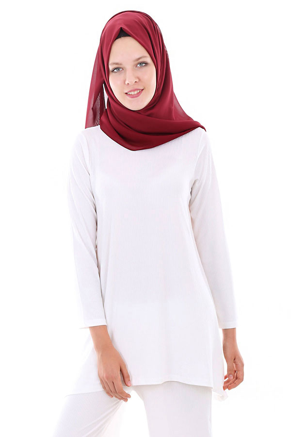 5682 DÜZ ÇİZGİLİ TESETTÜR TUNİK - Beyaz - BİGDART