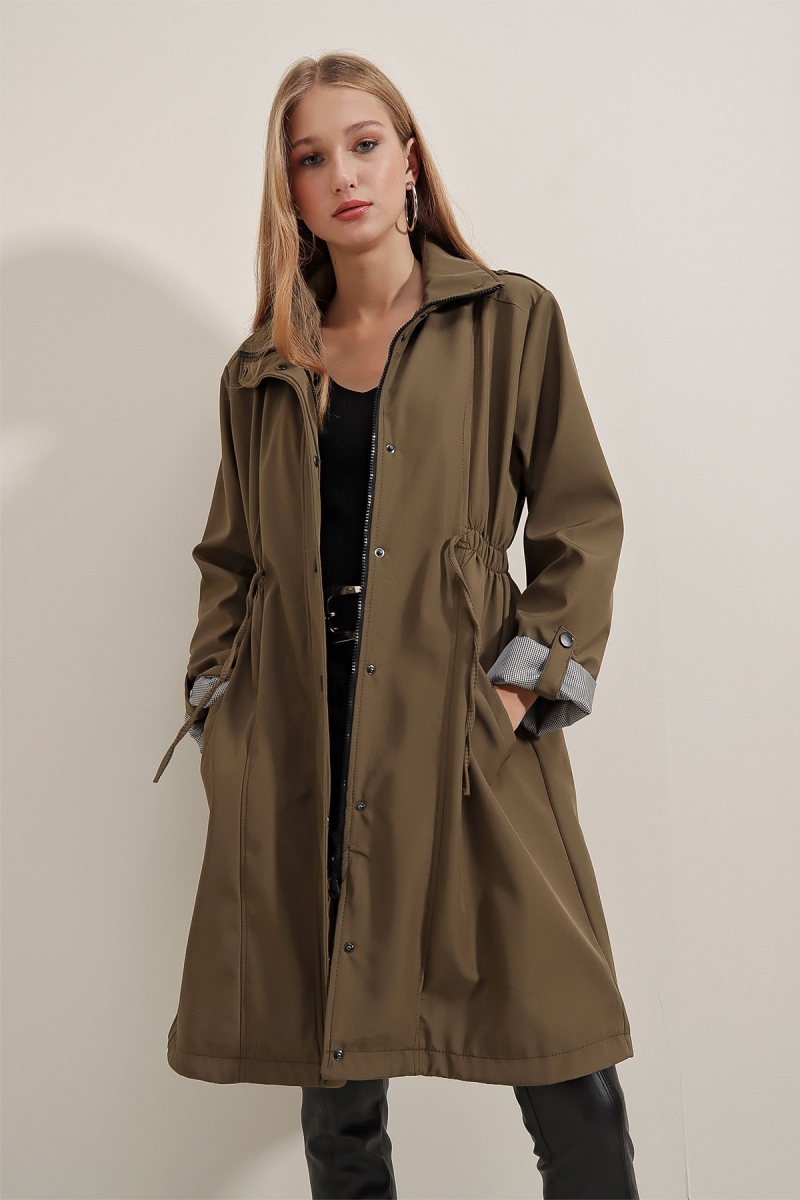5808 Bel Bağlamalı Trençkot - Haki - BİGDART