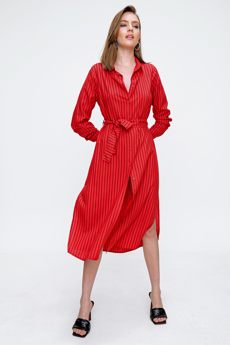 5825 Beli Kemerli Yırtmaçlı Tunik - Kırmızı - BİGDART