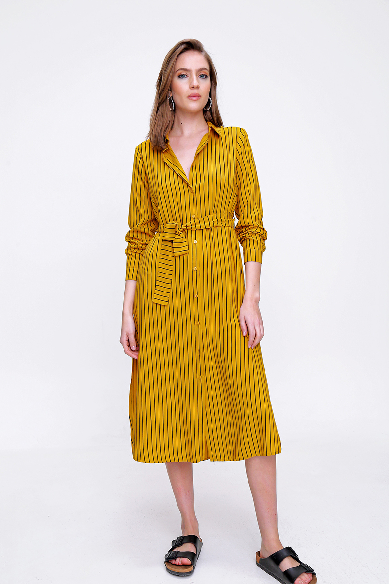 5825 Beli Kemerli Yırtmaçlı Tunik - Hardal - BİGDART