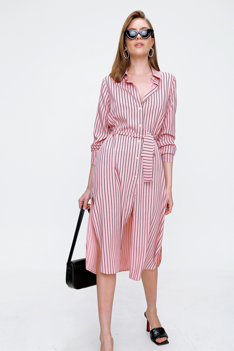 5825 Beli Kemerli Yırtmaçlı Tunik - Pudra - BİGDART