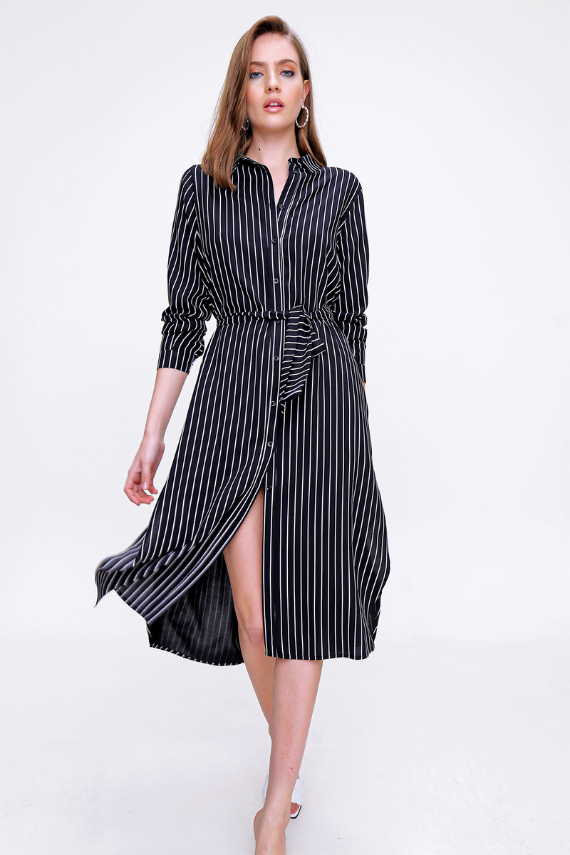 5825 Beli Kemerli Yırtmaçlı Tunik - Siyah - BİGDART