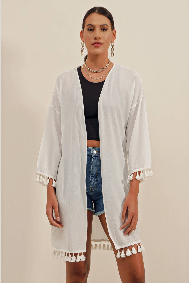 5833 Fırfırlı Kimono - Beyaz - BİGDART