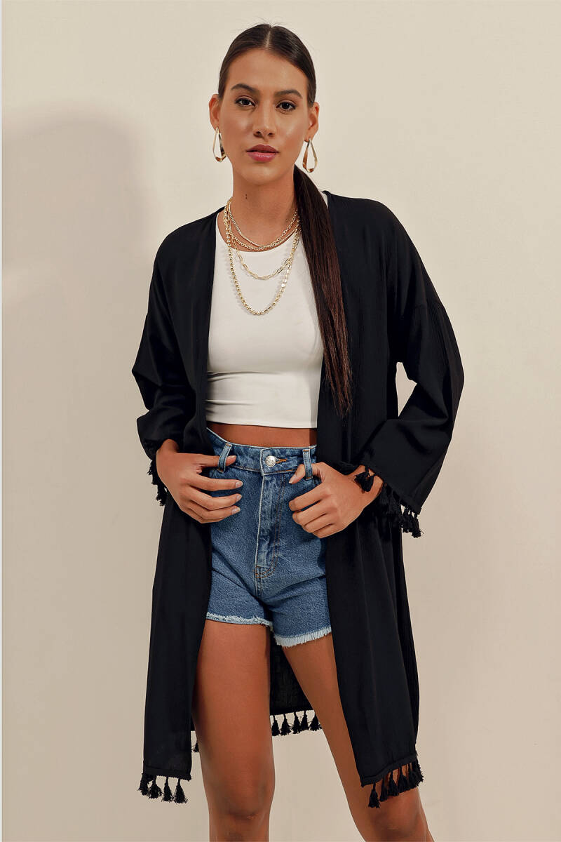 5833 Fırfırlı Kimono - Siyah - BİGDART