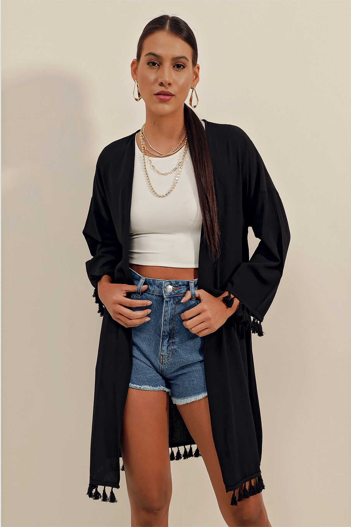 5833 Fırfırlı Kimono - Siyah - 1