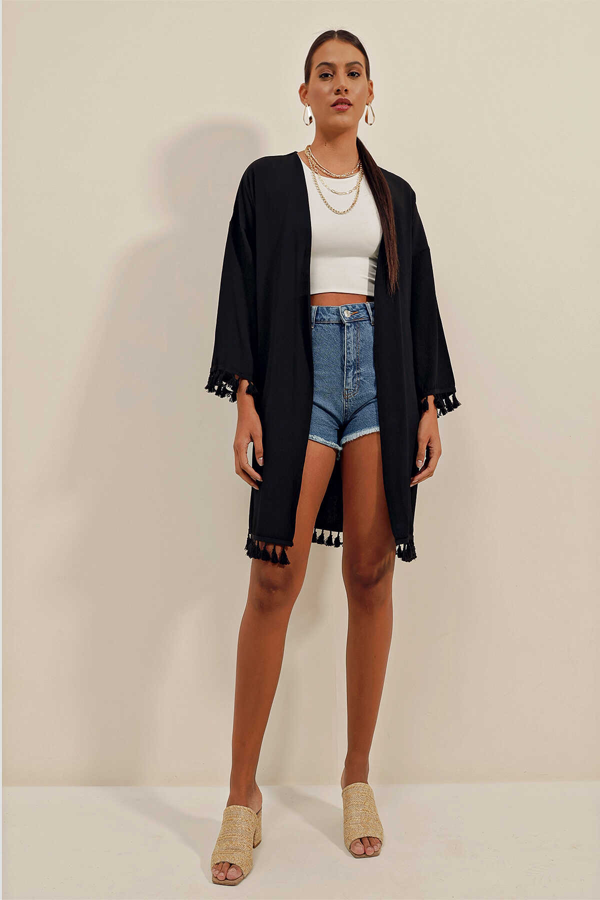 5833 Fırfırlı Kimono - Siyah - 2