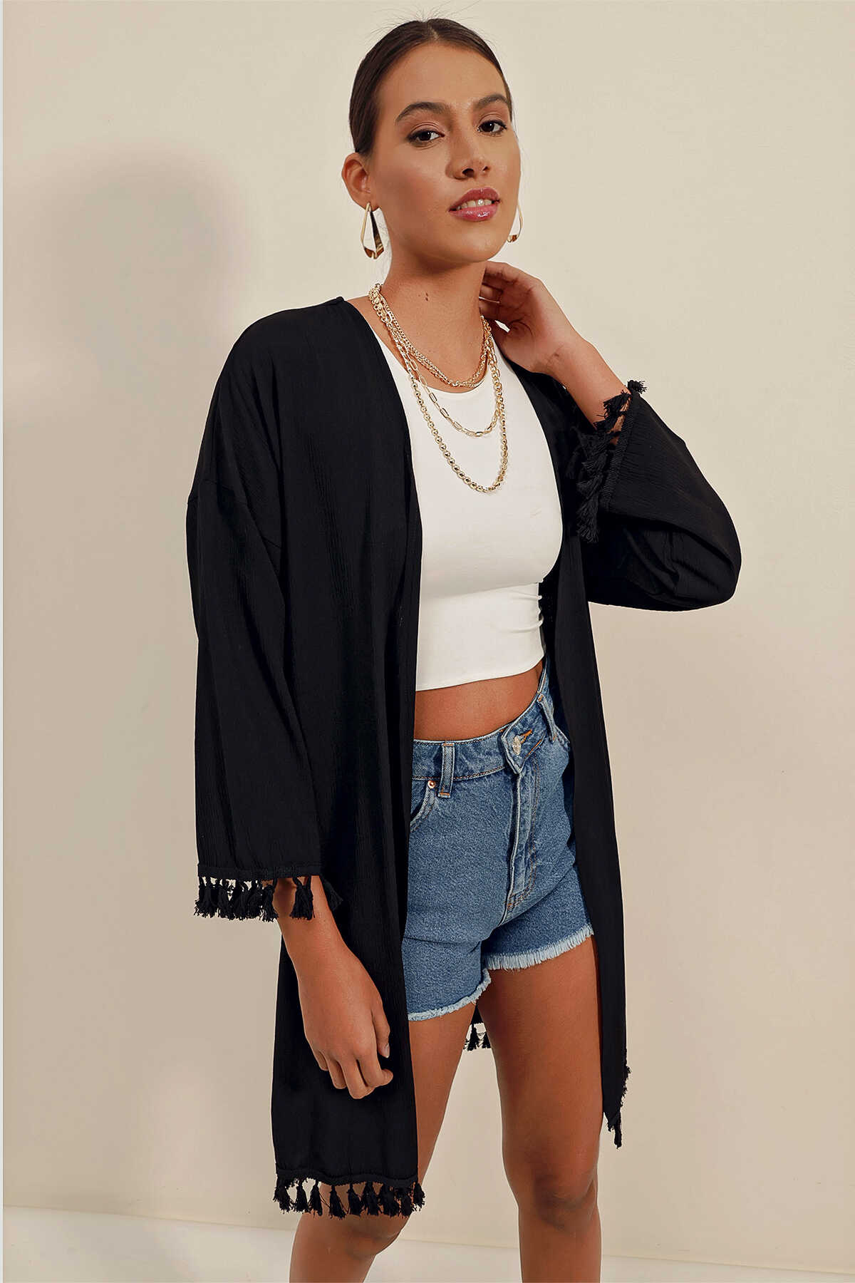 5833 Fırfırlı Kimono - Siyah - 4