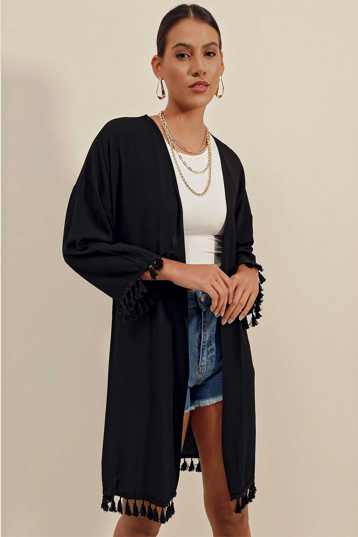 5833 Fırfırlı Kimono - Siyah - 5