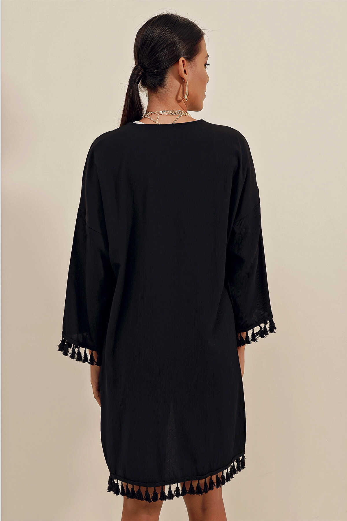 5833 Fırfırlı Kimono - Siyah - 6
