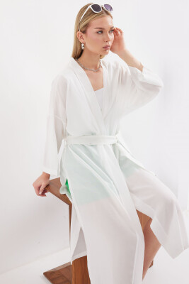 5835 Yırtmaçlı Yazlık Kimono - Beyaz - 4