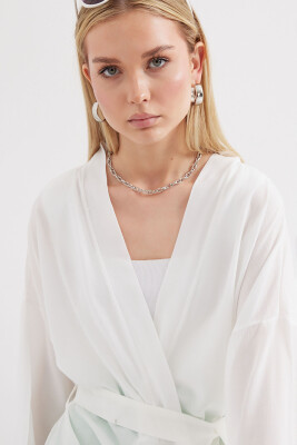 5835 Yırtmaçlı Yazlık Kimono - Beyaz - 5