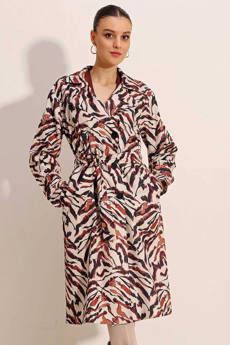 5853 Desenli Kruvaze Yaka Trençkot - C. Bej - BİGDART