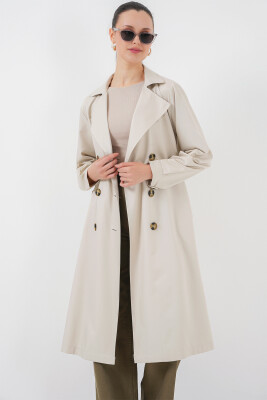 5853 Kruvaze Yaka Arkası Baskılı Trençkot - A.Bej 