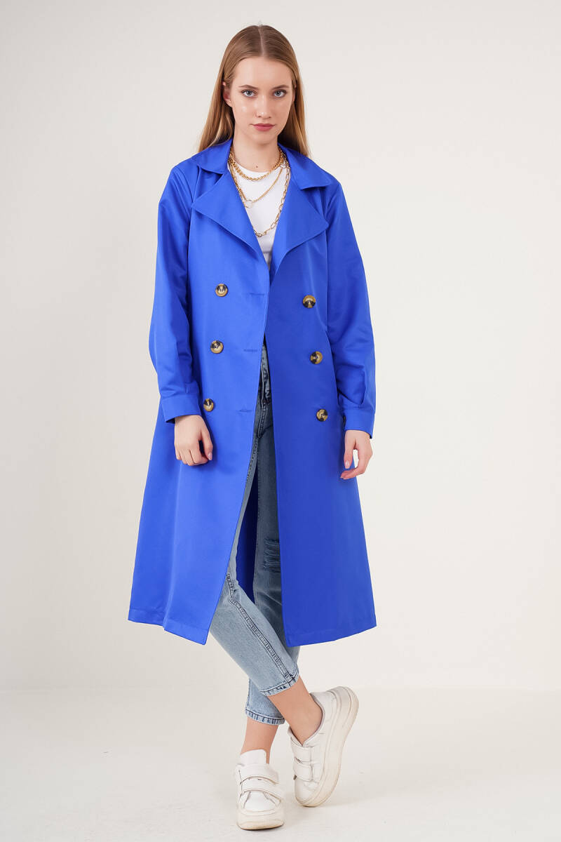 5853 Kruvaze Yaka Trençkot - Saks - BİGDART
