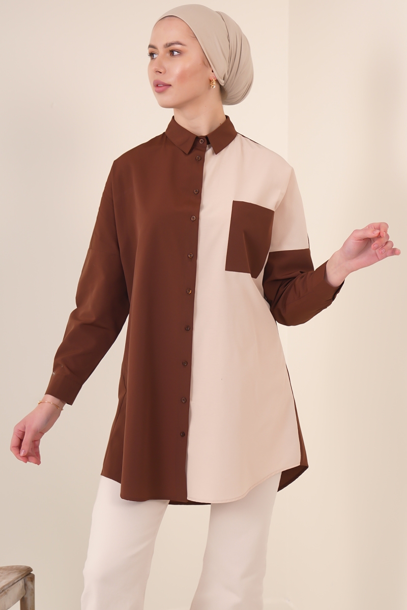 5860 Blok Desen Tesettür Gömlek - Kahverengi - BİGDART