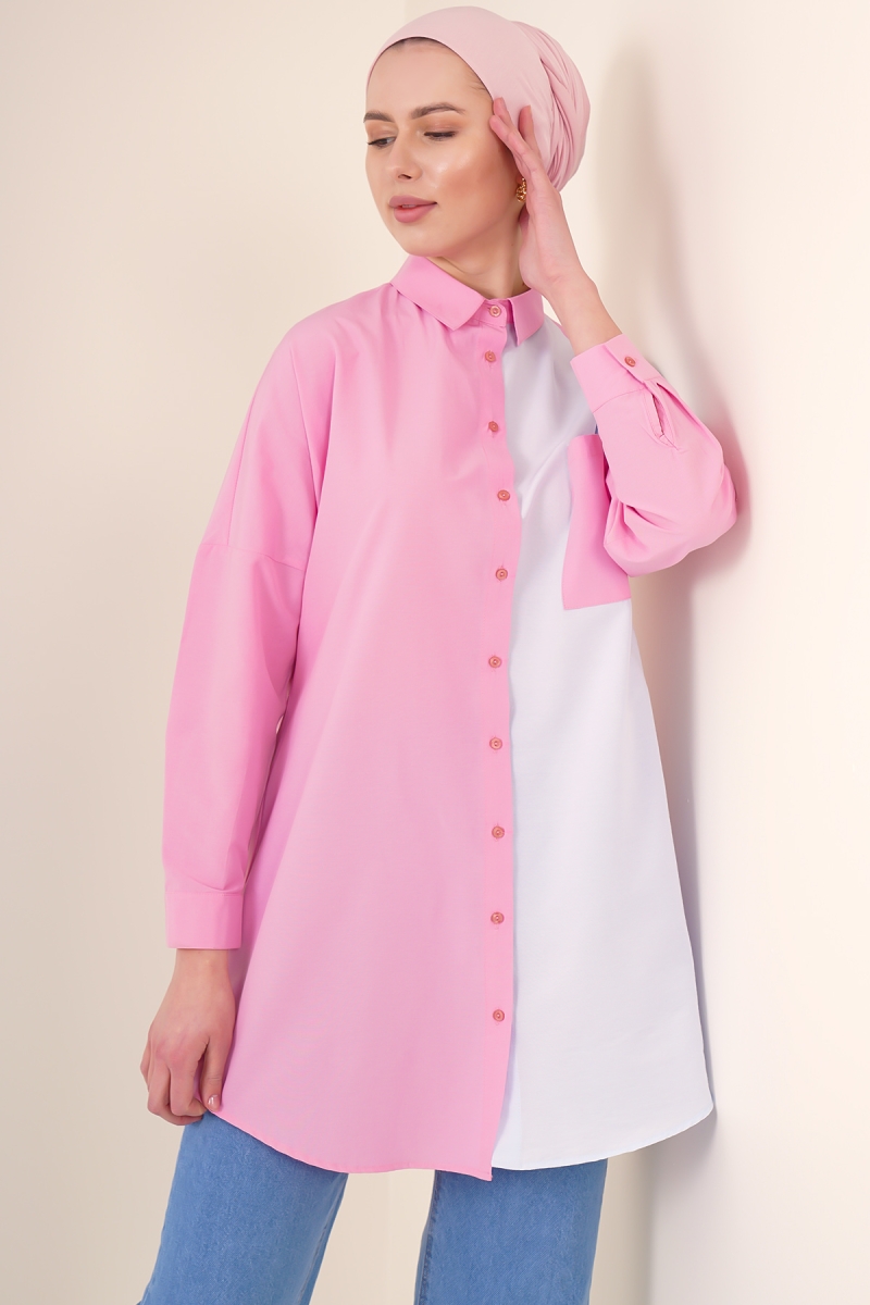 5860 Blok Desen Tesettür Gömlek - Pembe - BİGDART
