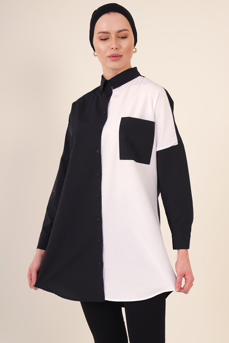 5860 Blok Desen Tesettür Gömlek - Siyah - BİGDART