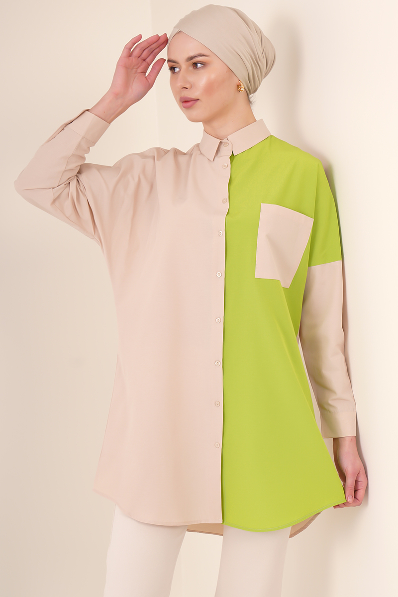 5860 Blok Desen Tesettür Gömlek - Yeşil - BİGDART