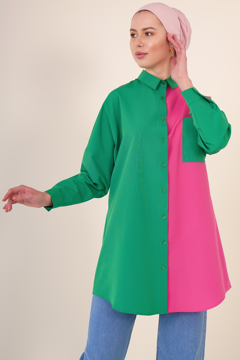 5860 Blok Desen Tesettür Gömlek - Zümrüt Yeşili - BİGDART