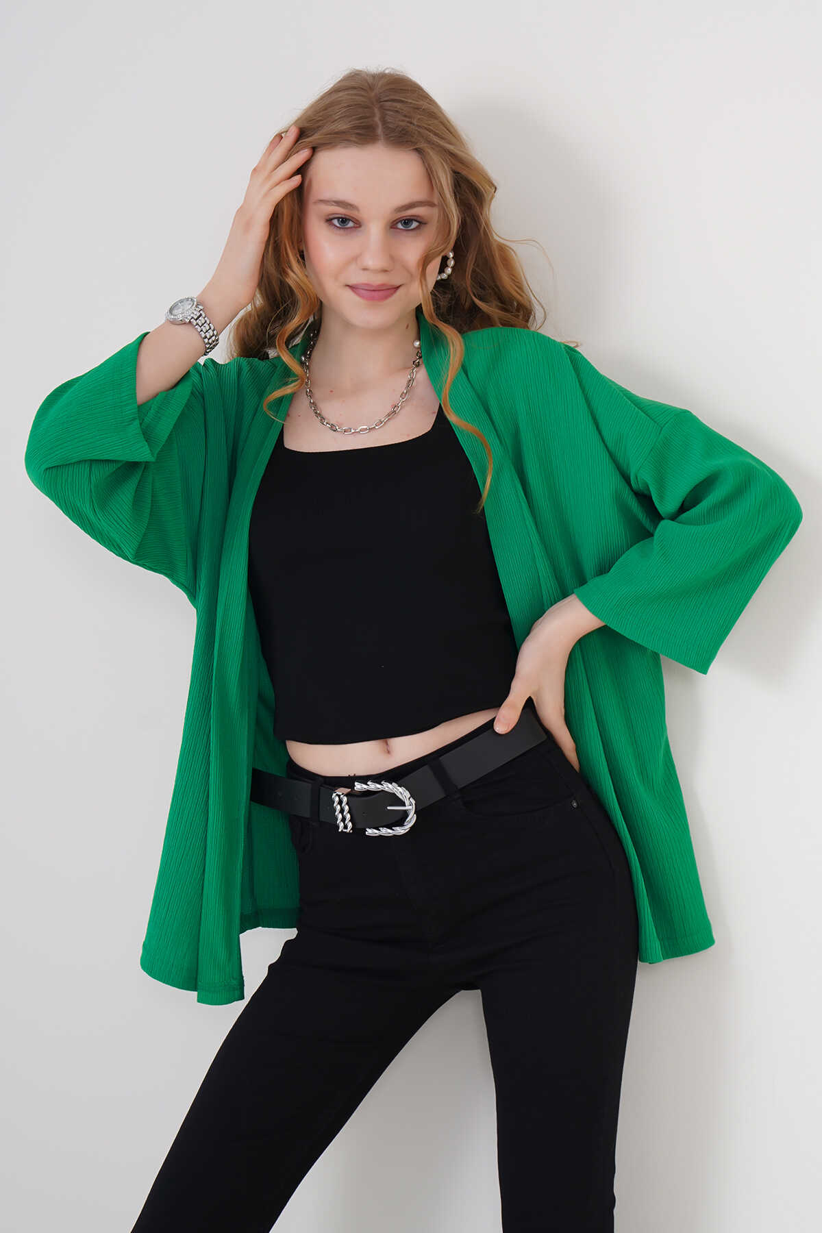 5862 Örme Kimono - Yeşil - 1