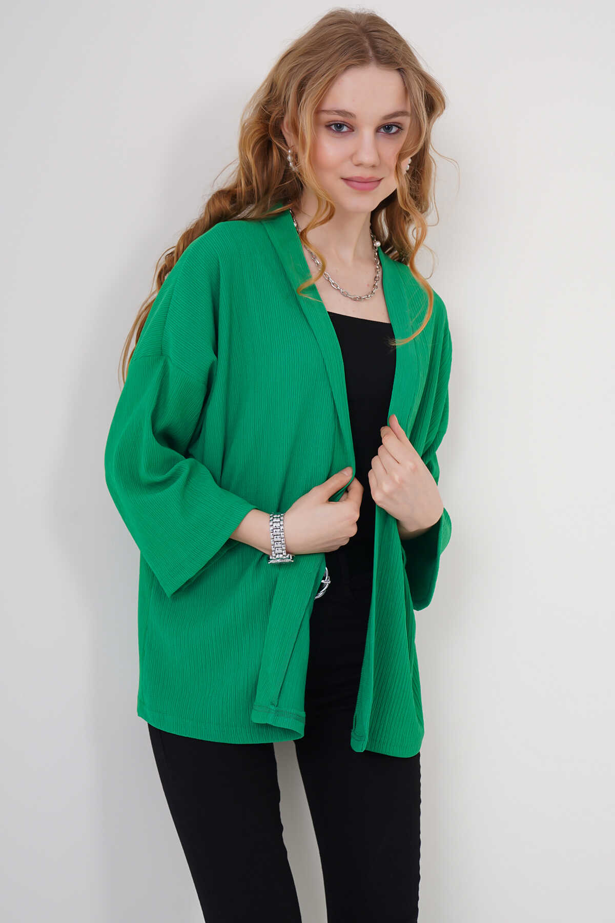 5862 Örme Kimono - Yeşil - 2