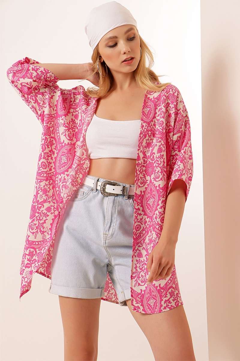 5863 Desenli Kimono - Pembe - BİGDART