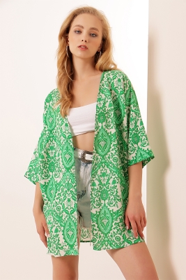 5863 Desenli Kimono - Yeşil 