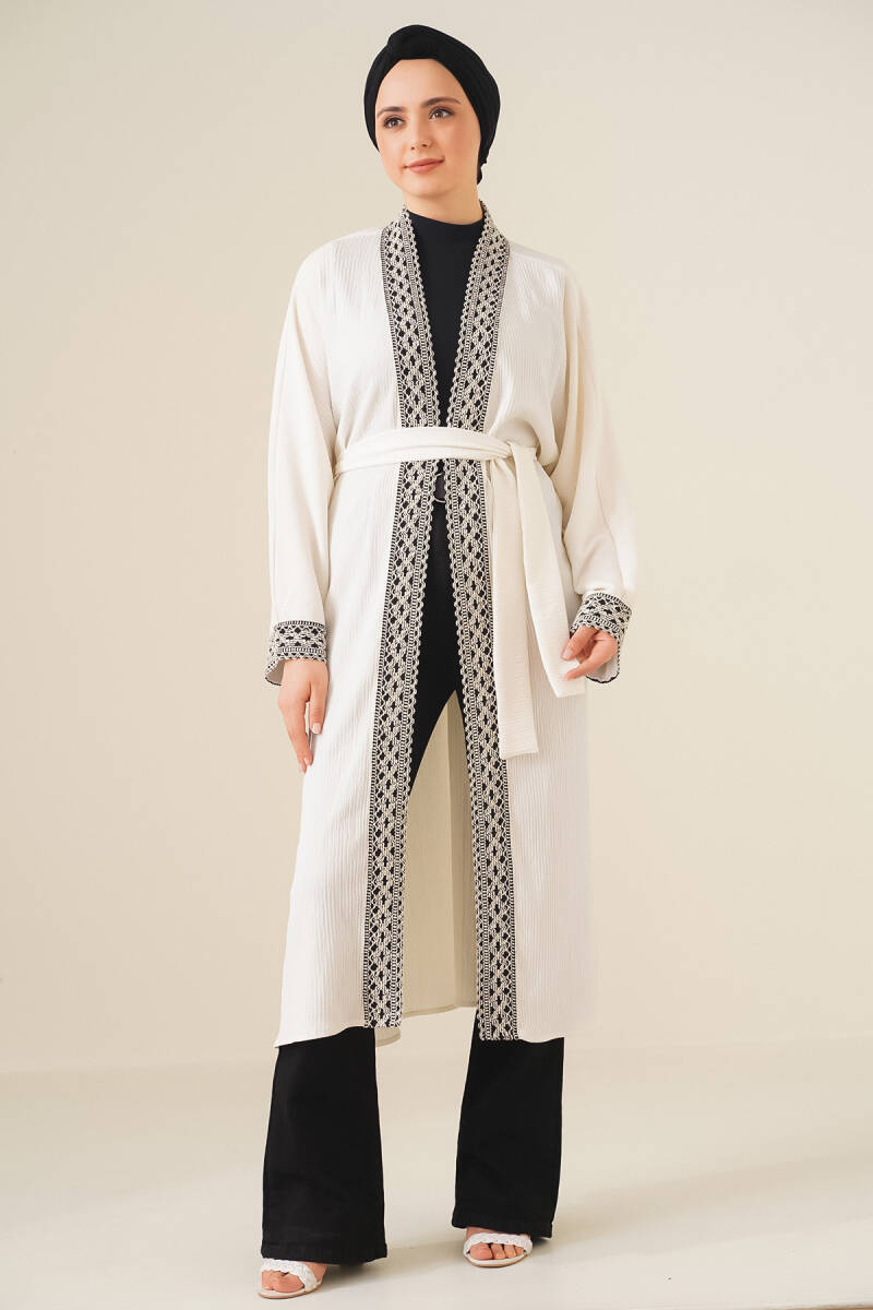 5865 Nakışlı Örme Uzun Kimono - Beyaz - BİGDART