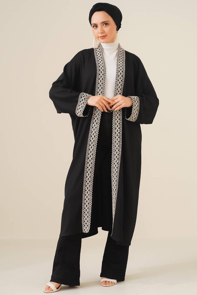 5865 Nakışlı Örme Uzun Kimono - Siyah - BİGDART