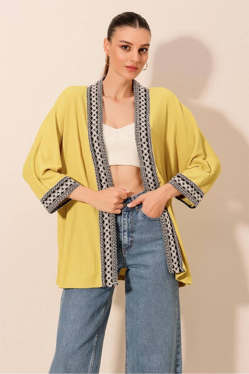 5866 Nakışlı Örme Kimono - A.Sarı - BİGDART