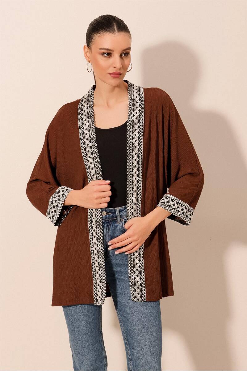 5866 Nakışlı Örme Kimono - Kahverengi - BİGDART