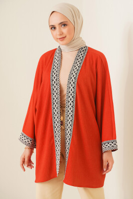 5866 Nakışlı Örme Kimono - Kiremit 