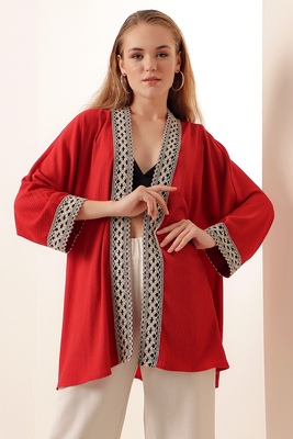 5866 Nakışlı Örme Kimono - Kırmızı 