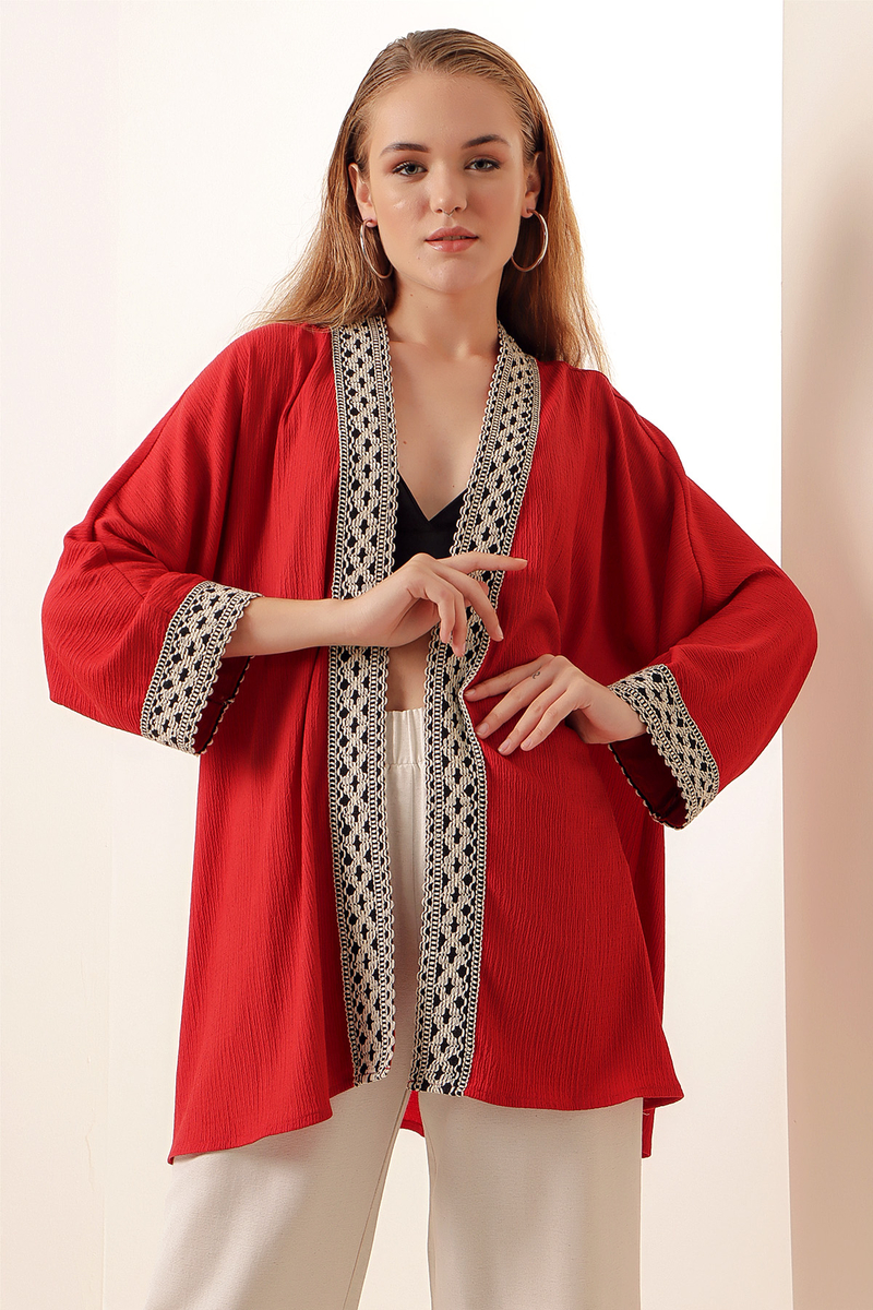 5866 Nakışlı Örme Kimono - Kırmızı - BİGDART