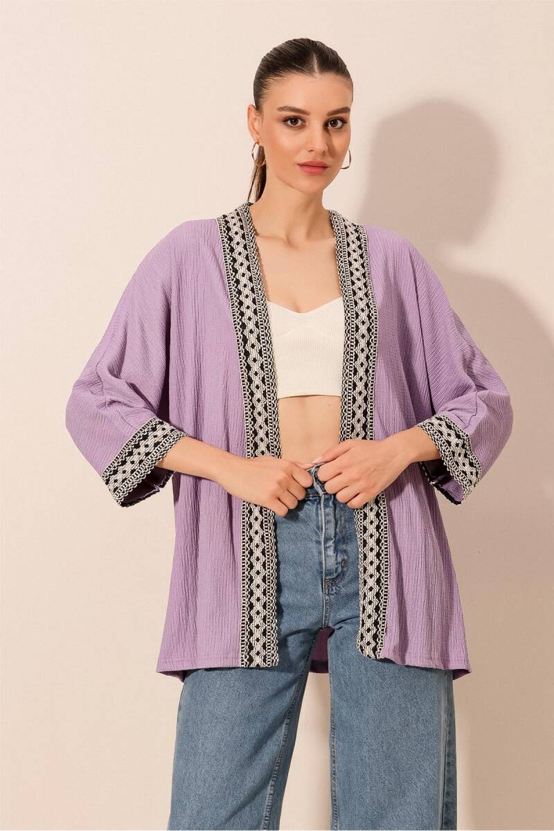 5866 Nakışlı Örme Kimono - Lila - BİGDART