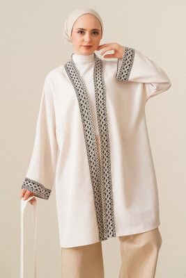 5867 Nakışlı Keten Kimono - Krem 