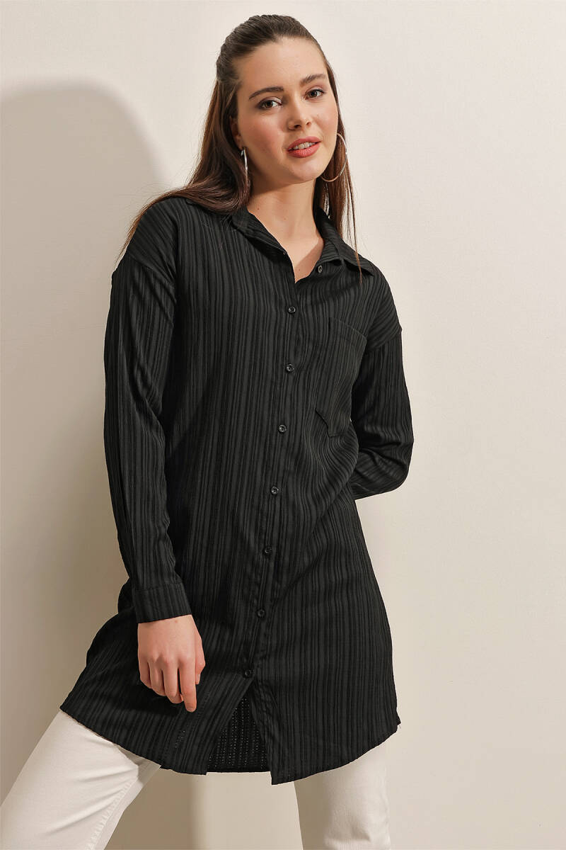 5884 Dokuma Uzun Gömlek - Siyah - BİGDART