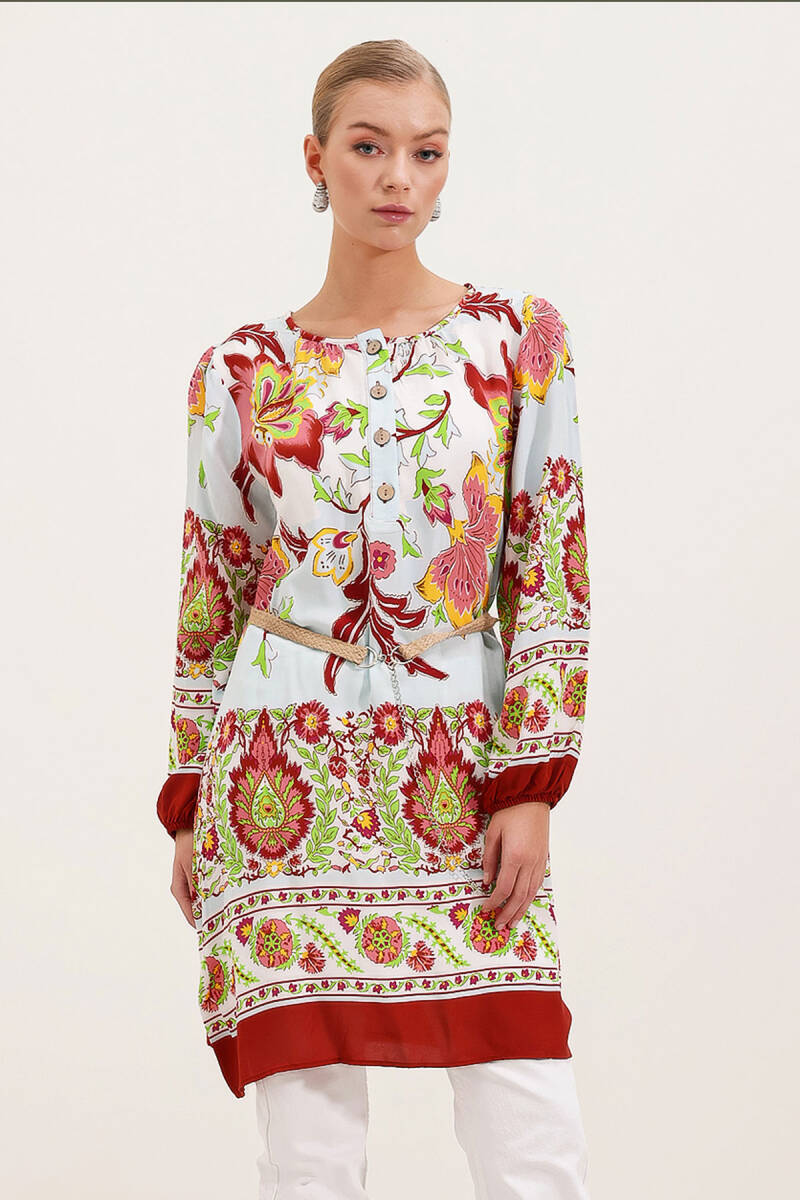 5902 Kemerli Desenli Elbise - Bordo - BİGDART