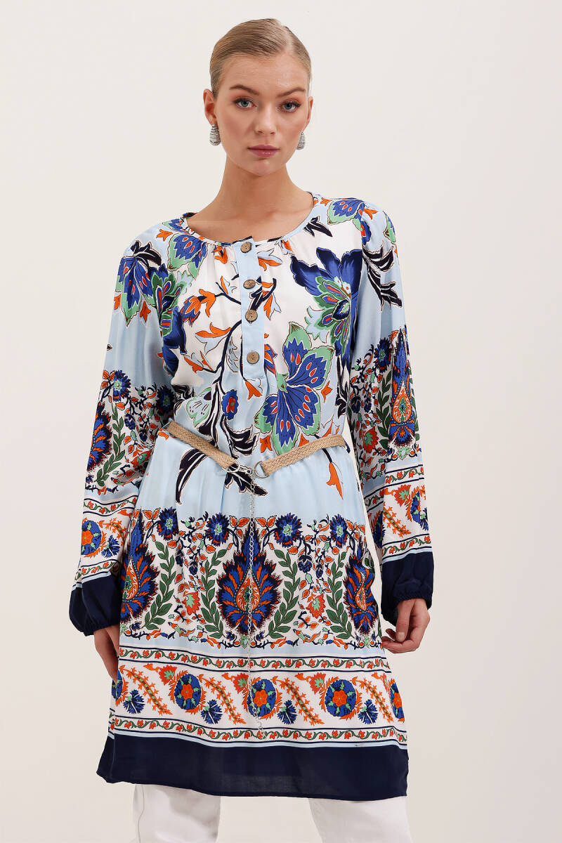 5902 Kemerli Desenli Elbise - Lacivert - BİGDART