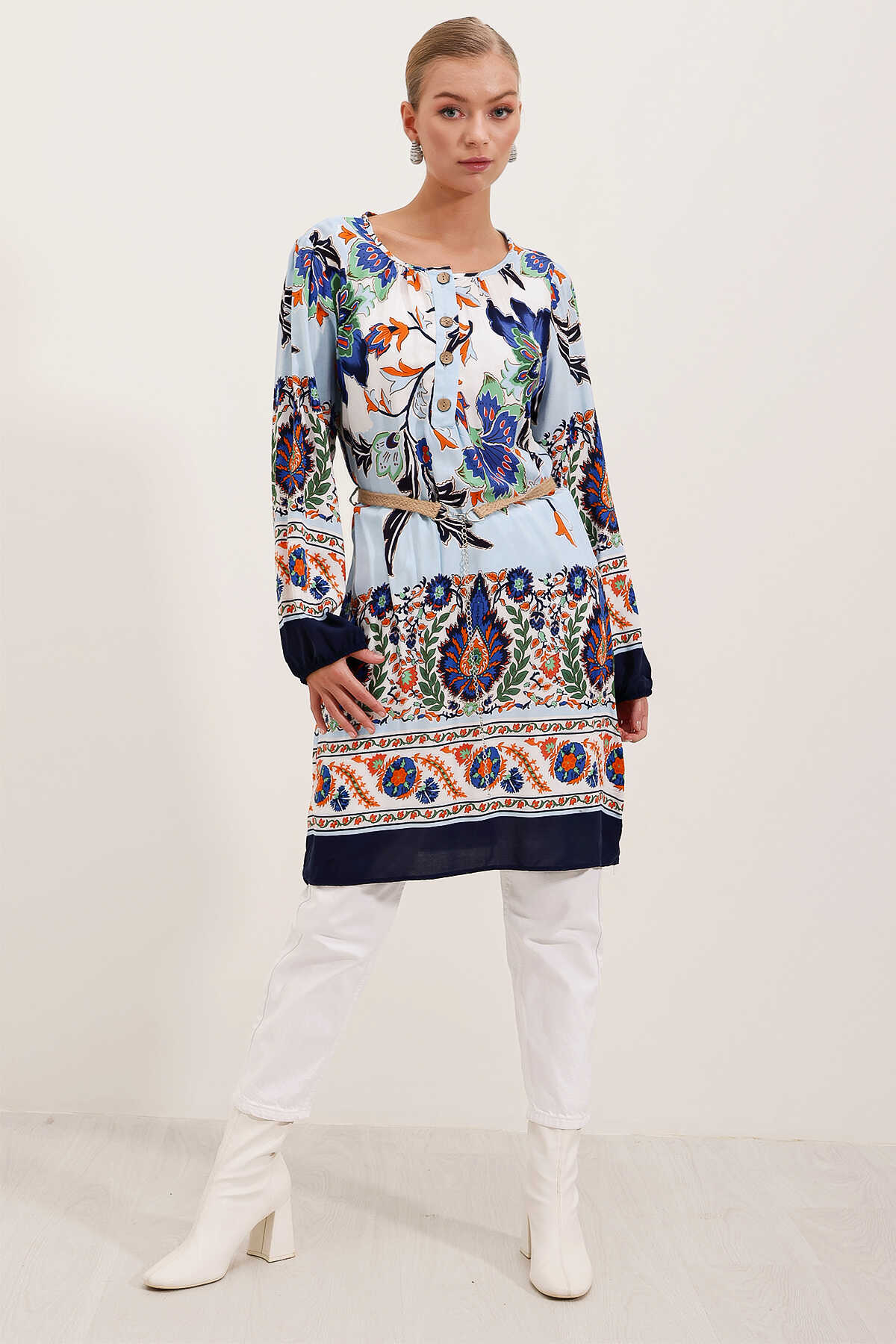 5902 Kemerli Desenli Elbise - Lacivert - 4