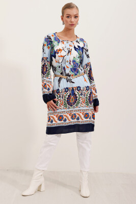 5902 Kemerli Desenli Elbise - Lacivert - 4