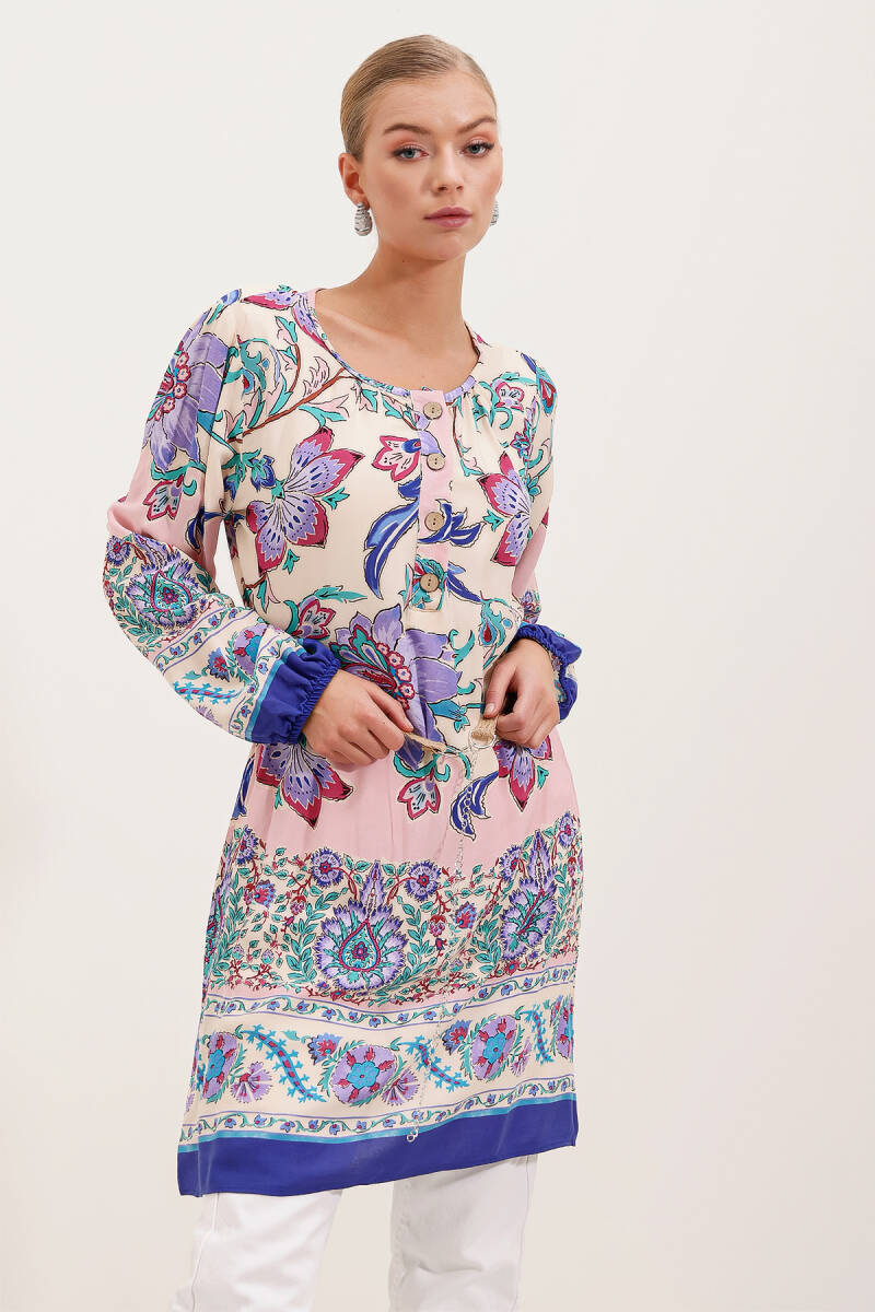 5902 Kemerli Desenli Elbise - Mor - BİGDART