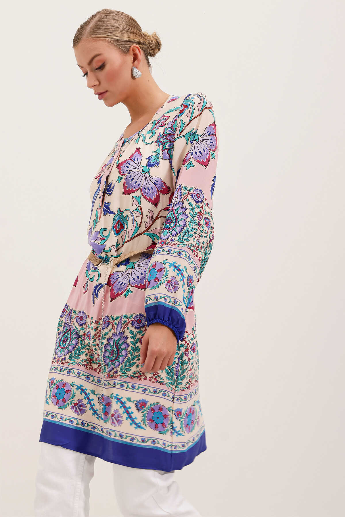 5902 Kemerli Desenli Elbise - Mor - 2