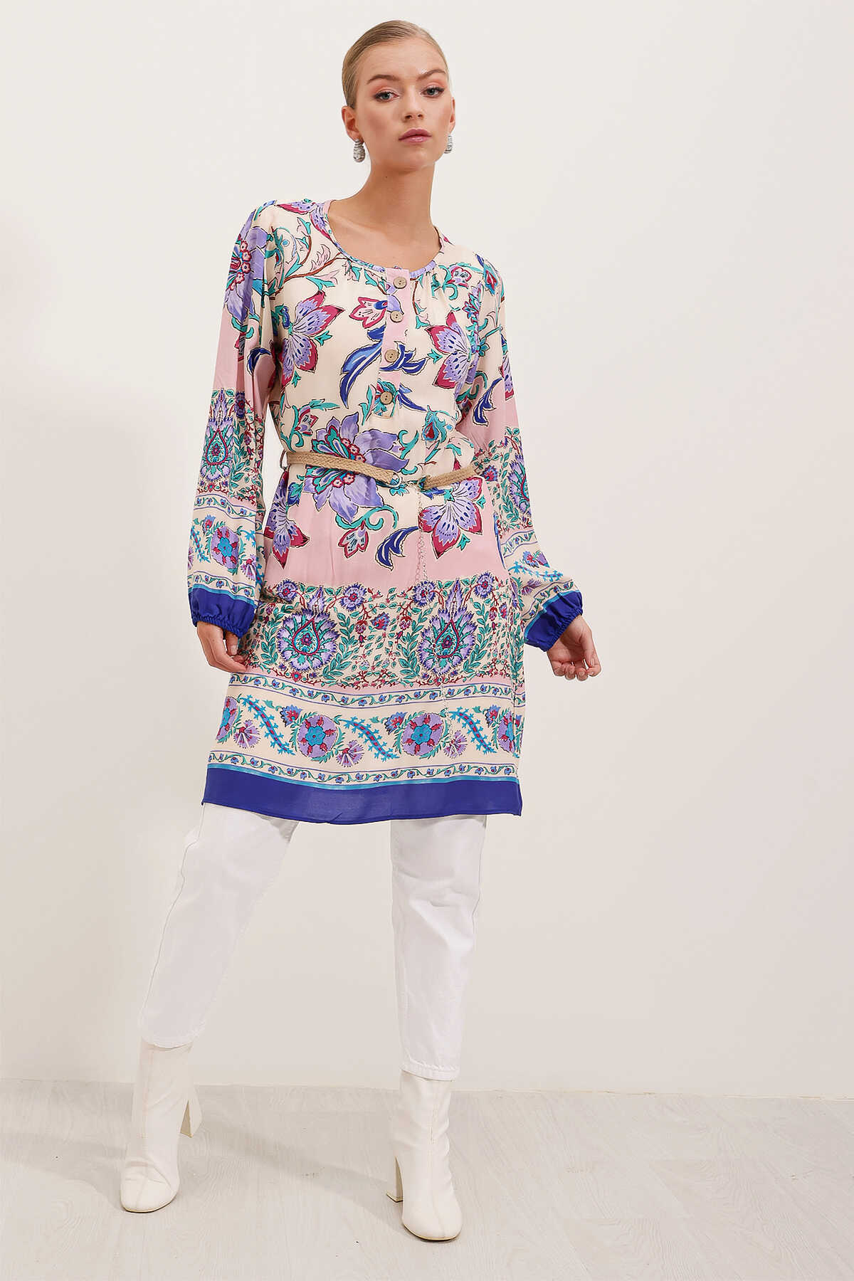5902 Kemerli Desenli Elbise - Mor - 3