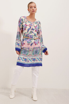 5902 Kemerli Desenli Elbise - Mor - 3